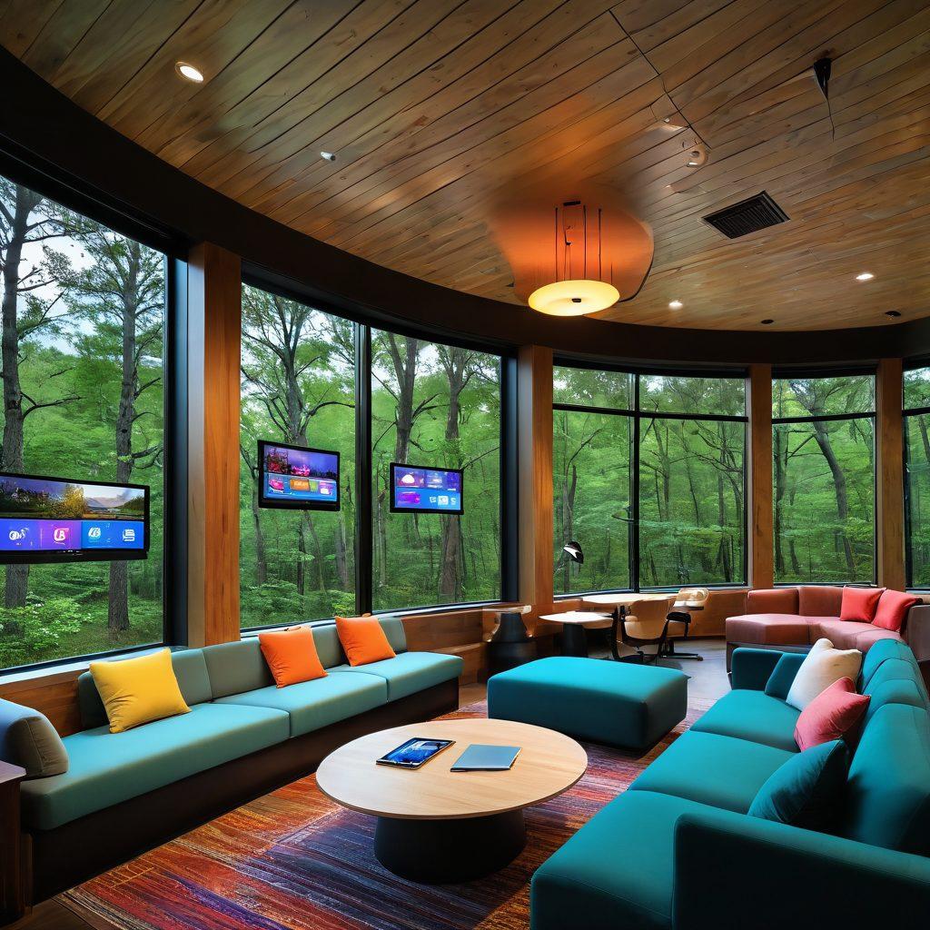 A cozy, modern tablet lodge interior featuring high-tech amenities like smart lighting and interactive screens, with guests enjoying their stay, surrounded by nature through large windows. Add elements of relaxation and comfort, such as plush furniture and a vibrant atmosphere. Include digital elements like a floating interface showing booking and entertainment options. super-realistic. vibrant colors. cozy ambiance.