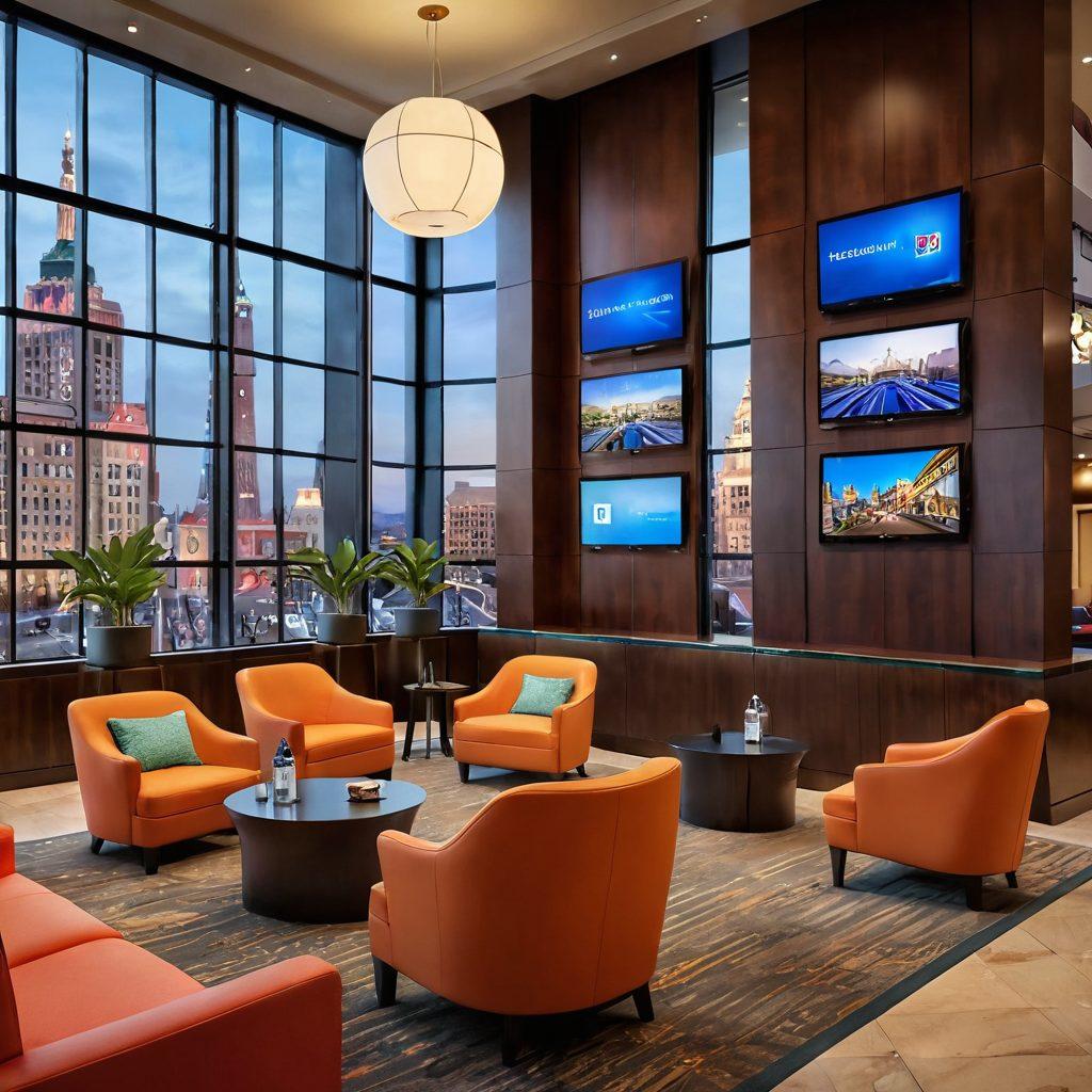 An inviting hotel lobby featuring sleek tablet stations for guests with vibrant interactive screens showcasing local attractions. Cheerful travelers engaging with the technology while relaxing in plush seating. A backdrop of stunning city views through large windows highlighting the essence of joyful travels. Warm lighting and a sense of adventure. super-realistic. vibrant colors. 3D.